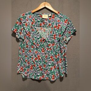 Maeve by Anthropologie Vibrant Floral Blouse with Red and Green